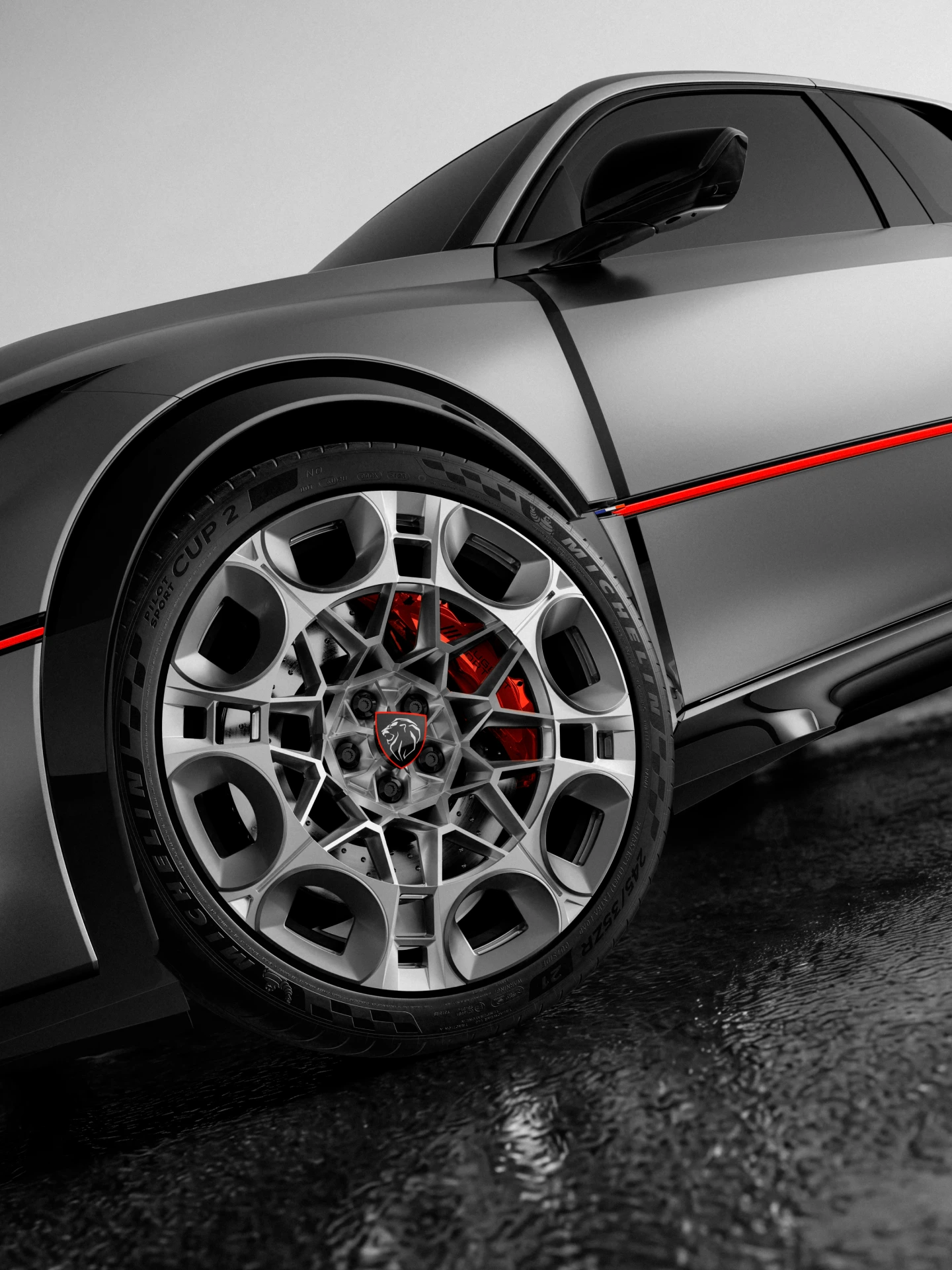 PEUGEOT E-T16 Concept, Exterieur in Matt Winchester Grey mit roten Akzentlinien