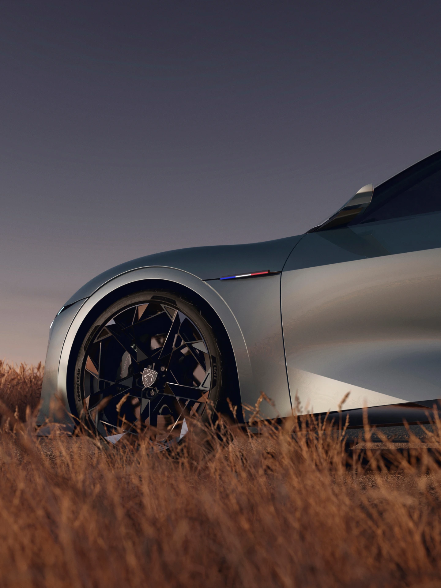 Seitendetail des PEUGEOT RCZ Vision Concept mit Vorderrad, Emblem und skulpturalen Linien